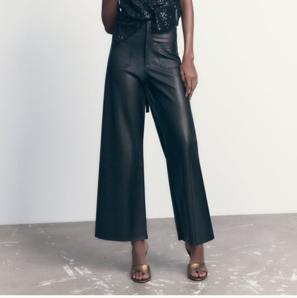 Zara The Marine Pant Black Wide-Leg Faux Leather Crop Pants 12